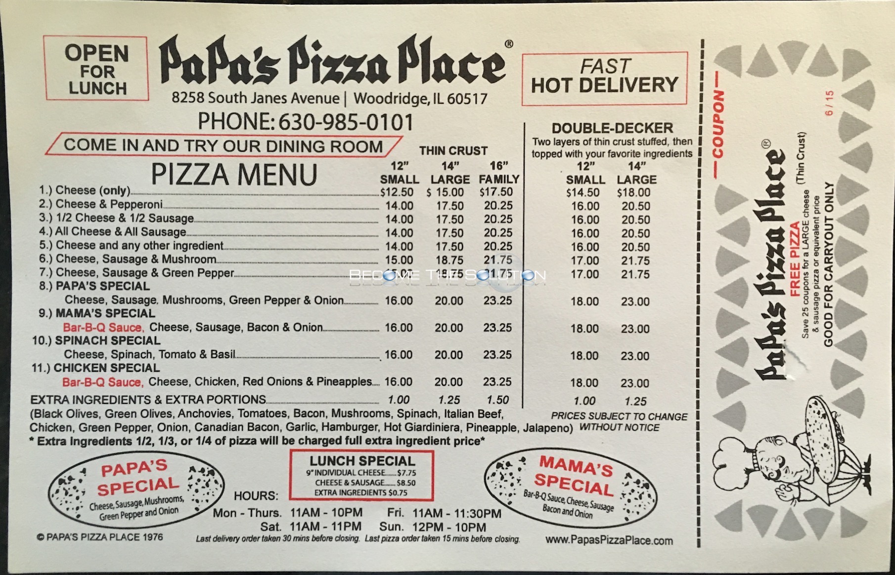 PaPa's Pizza Place Woodridge Carry Out Menu (Scanned Menu With Prices)